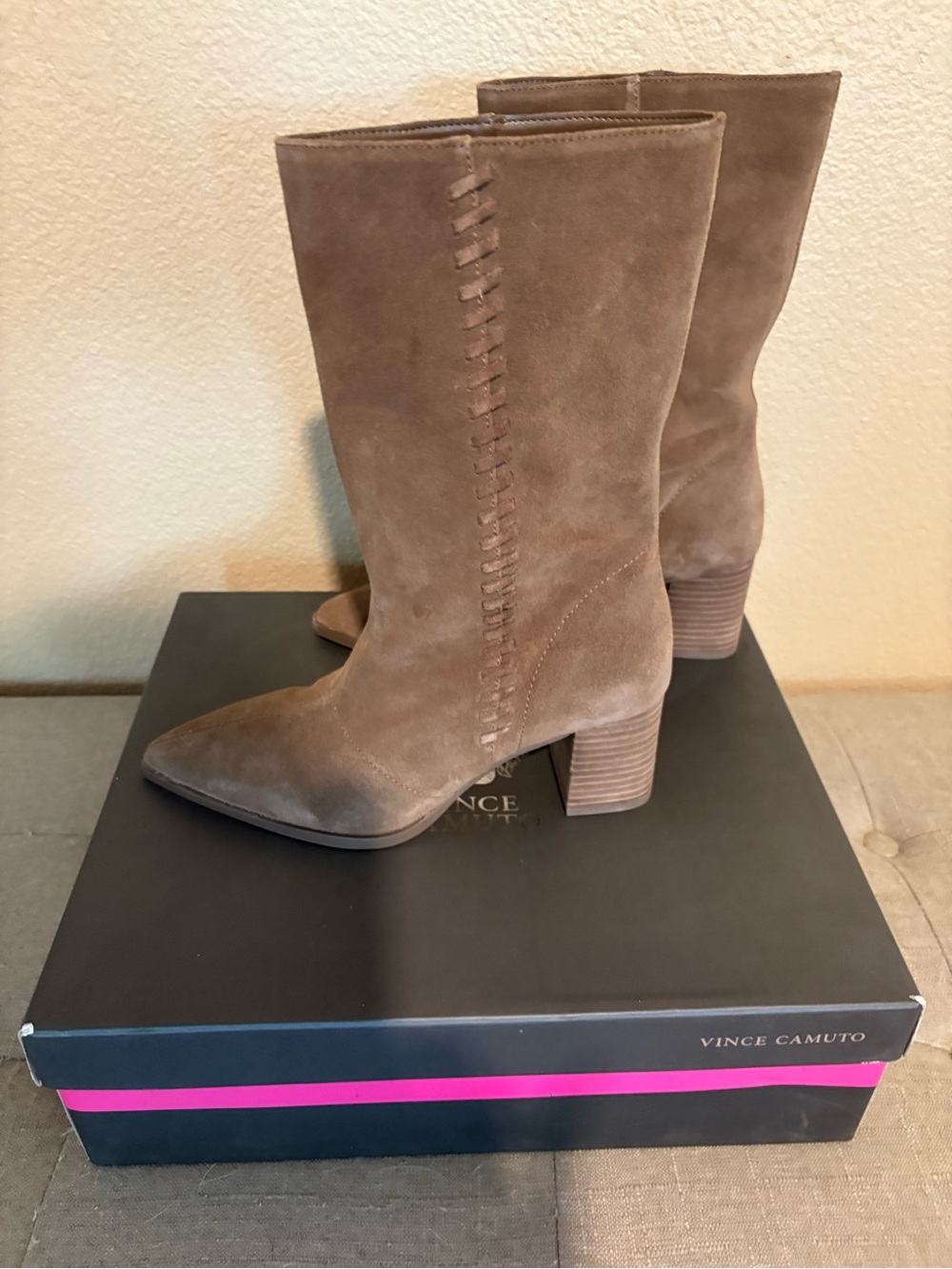 Vince Camuto Lorrys Whipstich Block Heel Boot in Taupe Suede-Size 6.5-New in Box